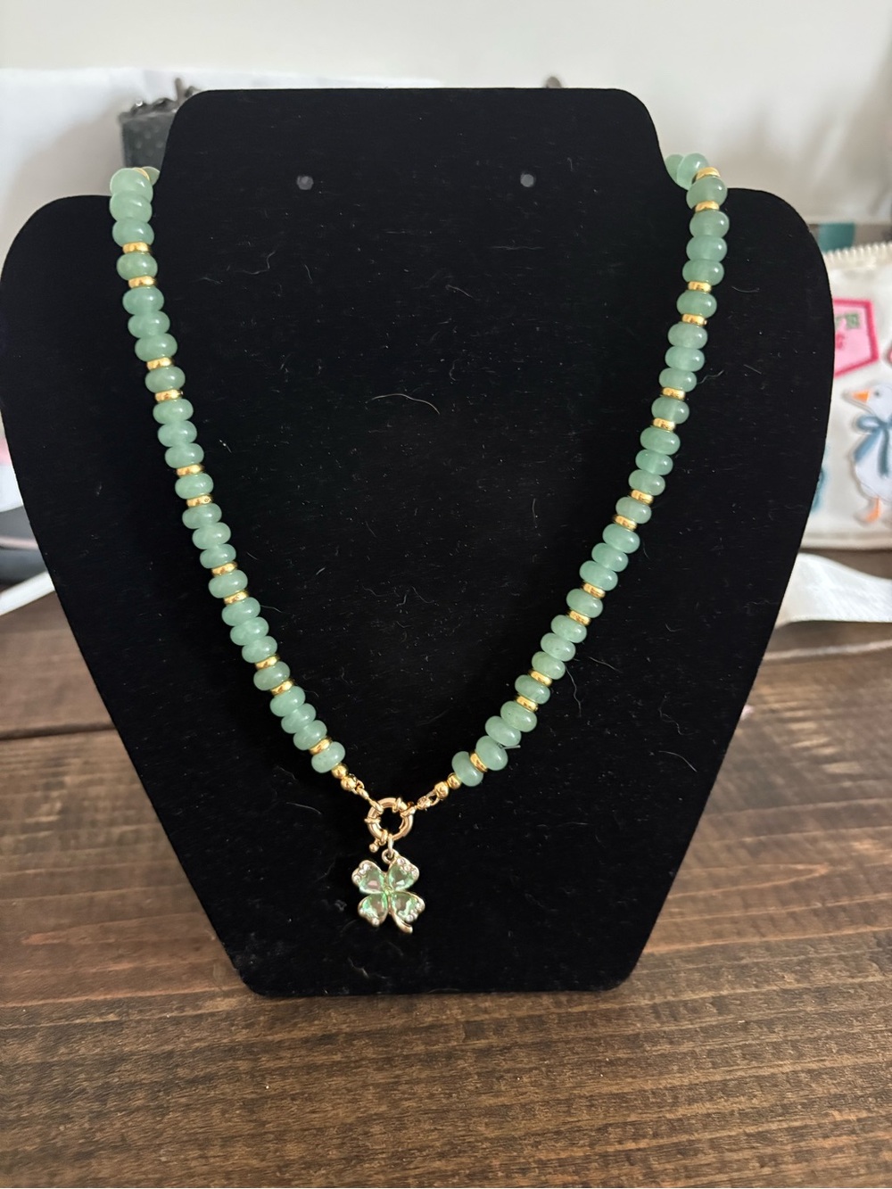 Candy necklace Gold-Accented Green Bead Necklace with Clover Pendant